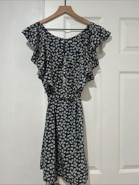 Floral Ruffle Midi Dress in Navy and White